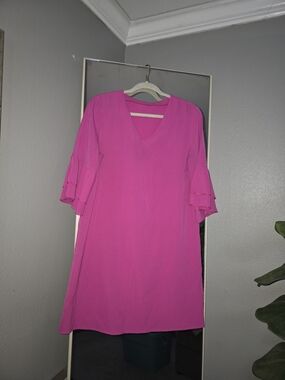 SHEIN Hot Pink V-Neck Ruffle Sleeve Dress